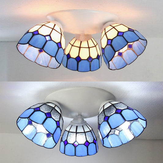3 Heads Dome Shade Ceiling Light Mount Tiffany Stained Glass Ceiling Light Fixture in White/Clear Clearhalo 'Ceiling Lights' 'Close To Ceiling Lights' 'Close to ceiling' 'Glass shade' 'Glass' 'Semi-flushmount' 'Tiffany close to ceiling' 'Tiffany' Lighting' 25888