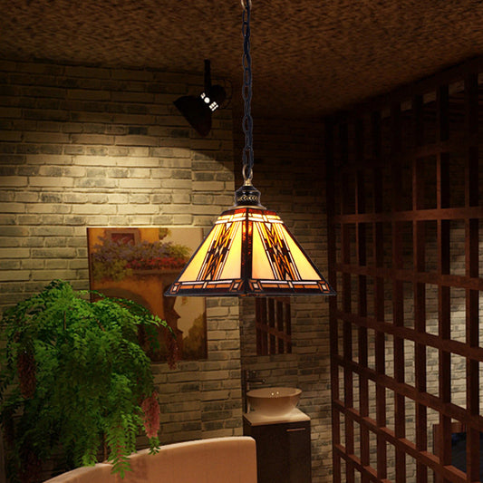 Stained Art Glass Hanging Lamp Geometric 1 Light Mission Style Pendant Light Fixture Clearhalo 'Ceiling Lights' 'Close To Ceiling Lights' 'Industrial' 'Middle Century Pendants' 'Pendant Lights' 'Pendants' 'Tiffany close to ceiling' 'Tiffany Pendants' 'Tiffany' Lighting' 2588941