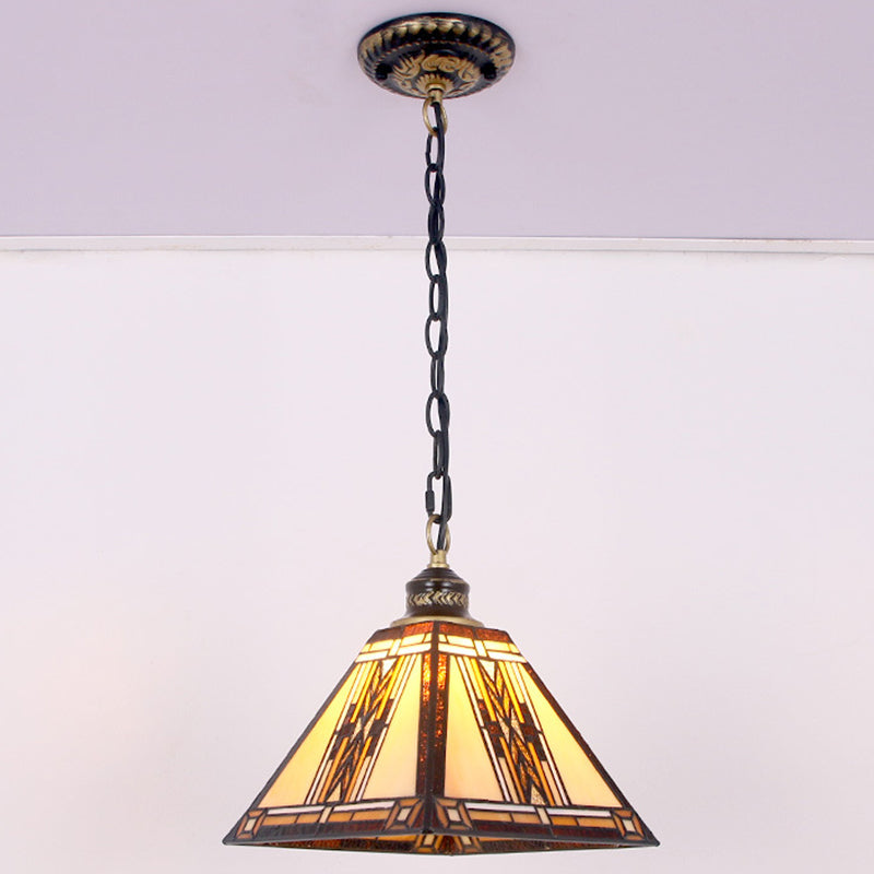 Stained Art Glass Hanging Lamp Geometric 1 Light Mission Style Pendant Light Fixture Clearhalo 'Ceiling Lights' 'Close To Ceiling Lights' 'Industrial' 'Middle Century Pendants' 'Pendant Lights' 'Pendants' 'Tiffany close to ceiling' 'Tiffany Pendants' 'Tiffany' Lighting' 2588943