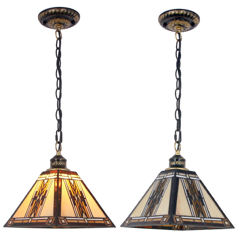 Stained Art Glass Hanging Lamp Geometric 1 Light Mission Style Pendant Light Fixture Clearhalo 'Ceiling Lights' 'Close To Ceiling Lights' 'Industrial' 'Middle Century Pendants' 'Pendant Lights' 'Pendants' 'Tiffany close to ceiling' 'Tiffany Pendants' 'Tiffany' Lighting' 2588944