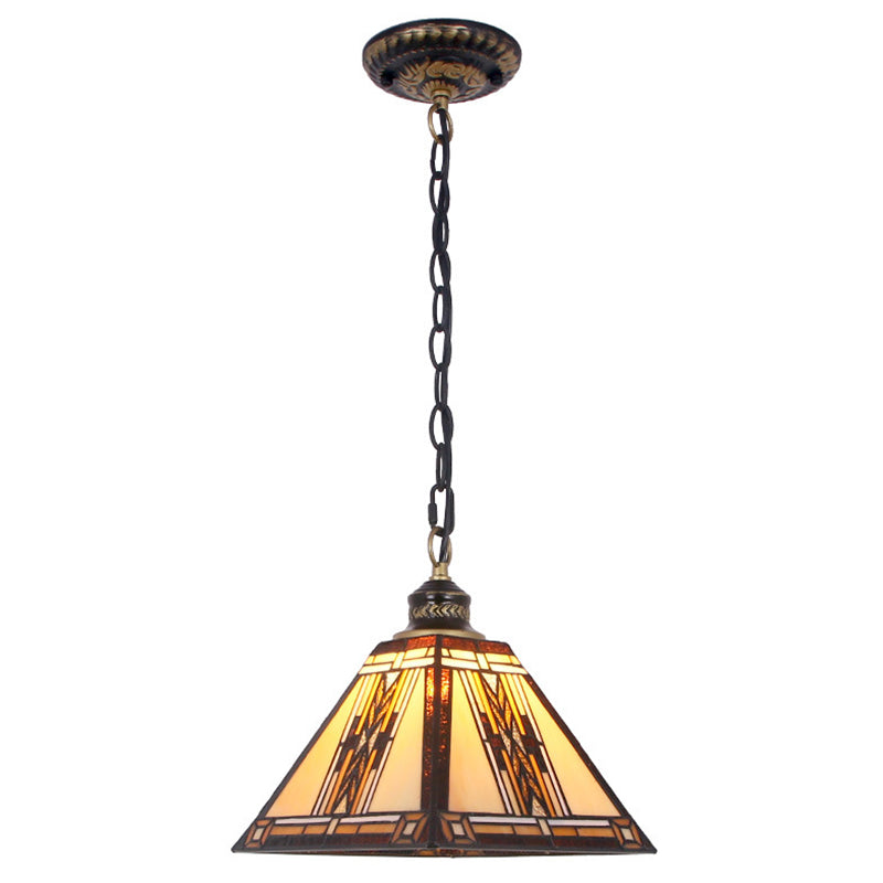 Stained Art Glass Hanging Lamp Geometric 1 Light Mission Style Pendant Light Fixture Yellow Clearhalo 'Ceiling Lights' 'Close To Ceiling Lights' 'Industrial' 'Middle Century Pendants' 'Pendant Lights' 'Pendants' 'Tiffany close to ceiling' 'Tiffany Pendants' 'Tiffany' Lighting' 2588945
