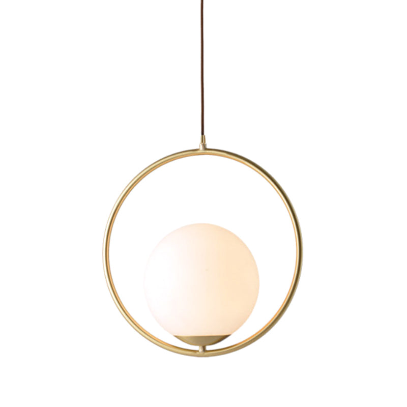 Mid-Century Design Globe Hanging Lamp White Glass Shade Pendant Light with Metal Ring Clearhalo 'Ceiling Lights' 'Modern Pendants' 'Modern' 'Pendant Lights' 'Pendants' Lighting' 2588960