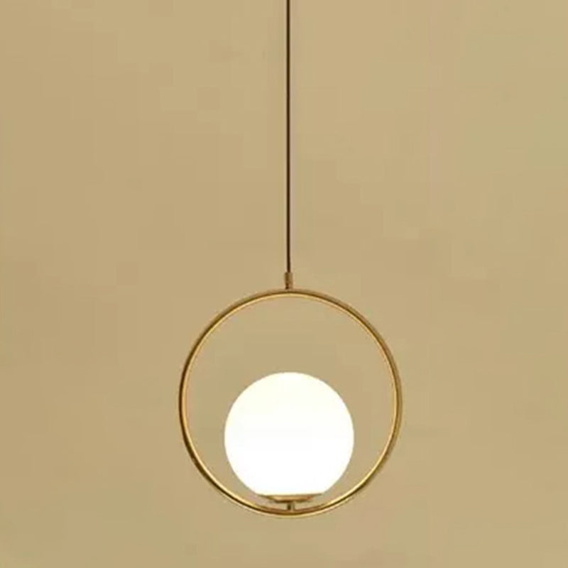 Mid-Century Design Globe Hanging Lamp White Glass Shade Pendant Light with Metal Ring Clearhalo 'Ceiling Lights' 'Modern Pendants' 'Modern' 'Pendant Lights' 'Pendants' Lighting' 2588961