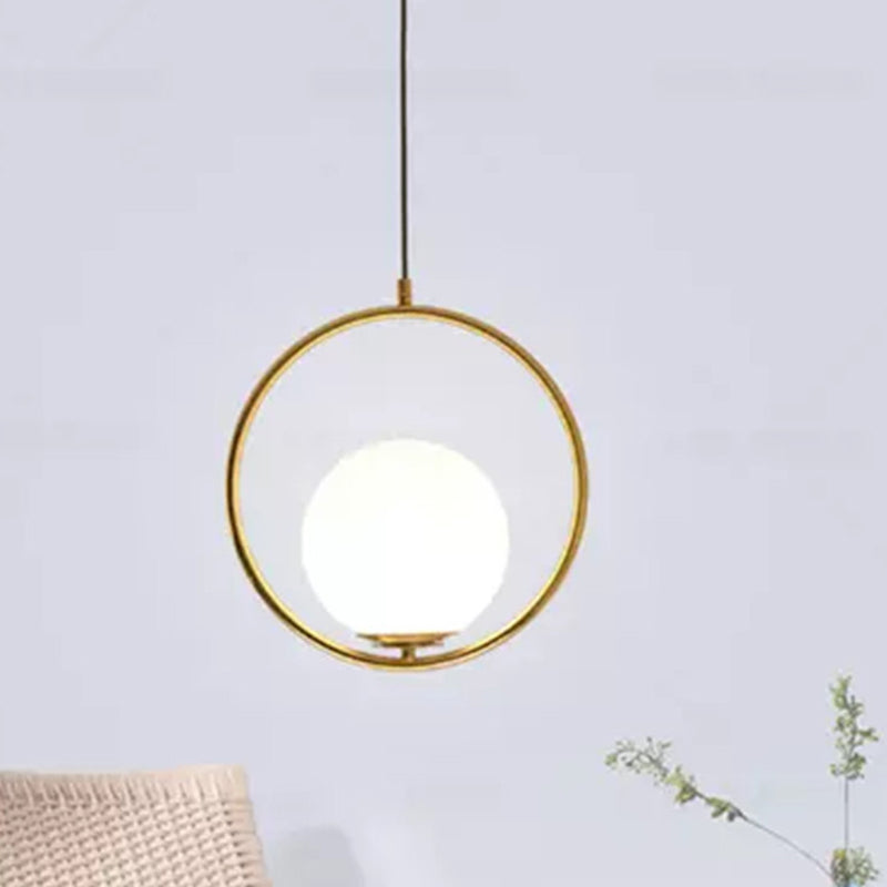 Mid-Century Design Globe Hanging Lamp White Glass Shade Pendant Light with Metal Ring Clearhalo 'Ceiling Lights' 'Modern Pendants' 'Modern' 'Pendant Lights' 'Pendants' Lighting' 2588963