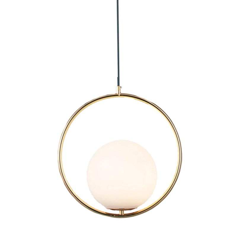 Mid-Century Design Globe Hanging Lamp White Glass Shade Pendant Light with Metal Ring Clearhalo 'Ceiling Lights' 'Modern Pendants' 'Modern' 'Pendant Lights' 'Pendants' Lighting' 2588964