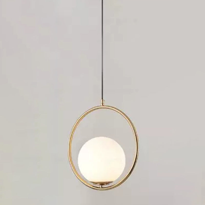 Mid-Century Design Globe Hanging Lamp White Glass Shade Pendant Light with Metal Ring Clearhalo 'Ceiling Lights' 'Modern Pendants' 'Modern' 'Pendant Lights' 'Pendants' Lighting' 2588965