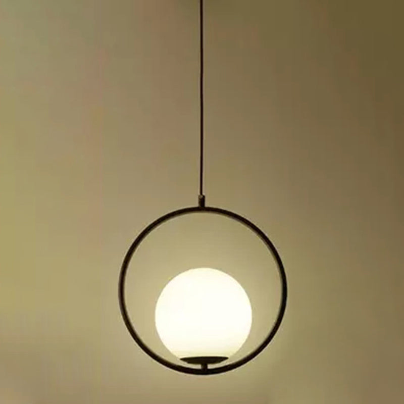 Mid-Century Design Globe Hanging Lamp White Glass Shade Pendant Light with Metal Ring Clearhalo 'Ceiling Lights' 'Modern Pendants' 'Modern' 'Pendant Lights' 'Pendants' Lighting' 2588966