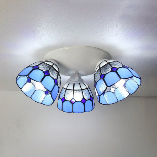 3 Heads Dome Shade Ceiling Light Mount Tiffany Stained Glass Ceiling Light Fixture in White/Clear Clear Clearhalo 'Ceiling Lights' 'Close To Ceiling Lights' 'Close to ceiling' 'Glass shade' 'Glass' 'Semi-flushmount' 'Tiffany close to ceiling' 'Tiffany' Lighting' 25889