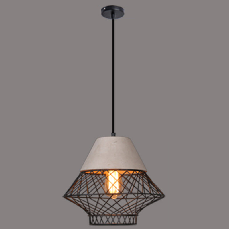 Wire Cage Shade Pendant Lighting Urban Retro 1 Light Restaurant Hanging Lamp with Cement Top Black Clearhalo 'Ceiling Lights' 'Industrial Pendants' 'Industrial' 'Middle Century Pendants' 'Pendant Lights' 'Pendants' 'Tiffany' Lighting' 2589083