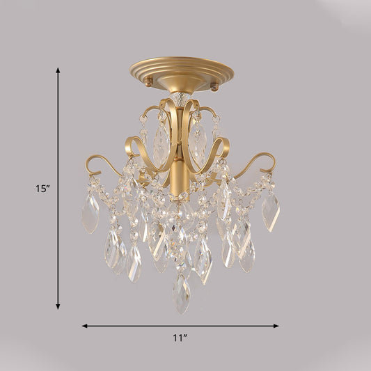 Bent Armed Golden Semi Flush Mount Light Metallic 1 Light Traditional Ceiling Light Fixture with Crystal Droplet Clearhalo 'Ceiling Lights' 'Close To Ceiling Lights' 'Close to ceiling' 'Semi-flushmount' Lighting' 258908