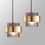 Smoke Glass Hanging Lamp Cylindrical 1 Light Modern Minimalist Pendant Light Fixture with Metal Ring Clearhalo 'Ceiling Lights' 'Glass shade' 'Glass' 'Modern Pendants' 'Modern' 'Pendant Lights' 'Pendants' Lighting' 2589138