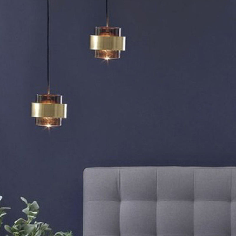 Smoke Glass Hanging Lamp Cylindrical 1 Light Modern Minimalist Pendant Light Fixture with Metal Ring Clearhalo 'Ceiling Lights' 'Glass shade' 'Glass' 'Modern Pendants' 'Modern' 'Pendant Lights' 'Pendants' Lighting' 2589143
