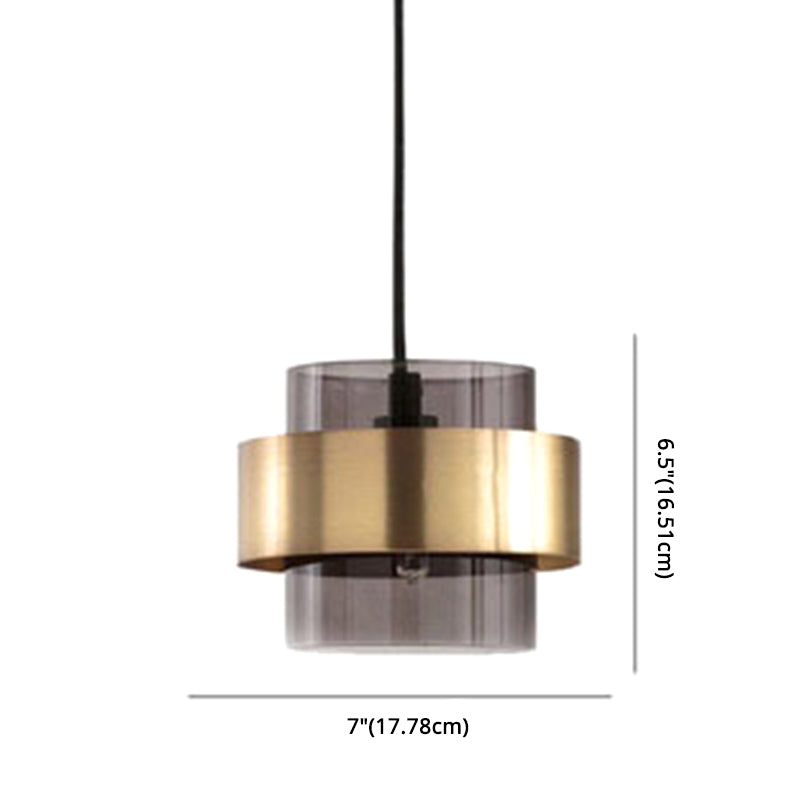 Smoke Glass Hanging Lamp Cylindrical 1 Light Modern Minimalist Pendant Light Fixture with Metal Ring Clearhalo 'Ceiling Lights' 'Glass shade' 'Glass' 'Modern Pendants' 'Modern' 'Pendant Lights' 'Pendants' Lighting' 2589145