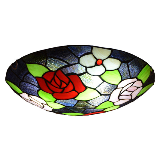 Floral Flush Light Fixtures Stained Glass Tiffany Flush Mount Ceiling Light Fixture Green-Red Clearhalo 'Ceiling Lights' 'Close To Ceiling Lights' 'Close to ceiling' 'Flush mount' Lighting' 2589462