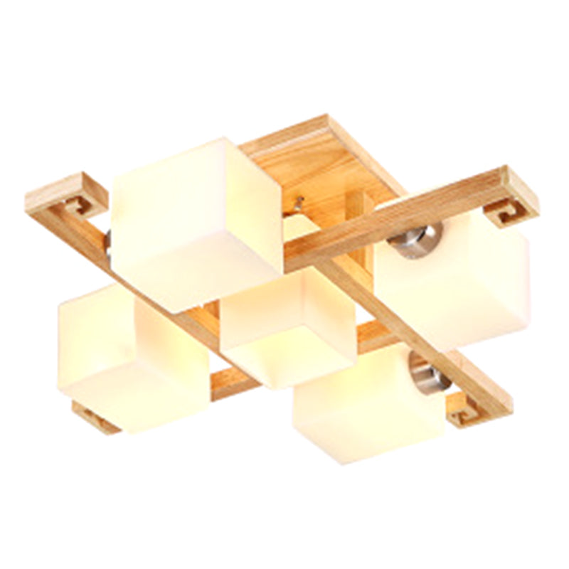 Splicing Squares Flush Mount Ceiling Light Modernist White Glass Ceiling Light Fixtures for Living Room 5 Wood Clearhalo 'Ceiling Lights' 'Close To Ceiling Lights' 'Close to ceiling' 'Semi-flushmount' Lighting' 2589537