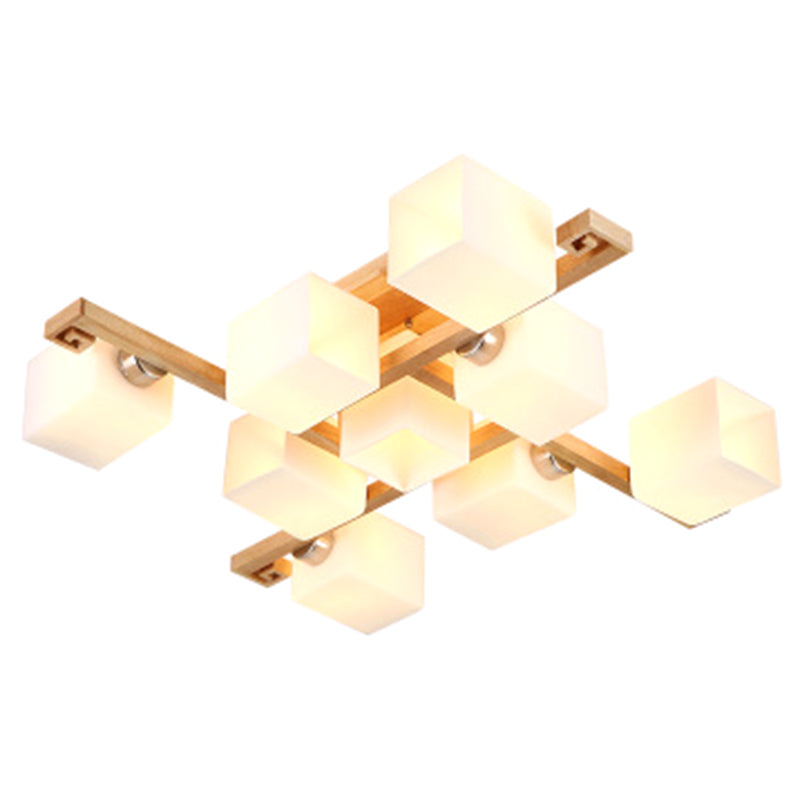 Splicing Squares Flush Mount Ceiling Light Modernist White Glass Ceiling Light Fixtures for Living Room 9 Wood Clearhalo 'Ceiling Lights' 'Close To Ceiling Lights' 'Close to ceiling' 'Semi-flushmount' Lighting' 2589539