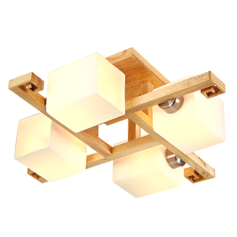 Splicing Squares Flush Mount Ceiling Light Modernist White Glass Ceiling Light Fixtures for Living Room 4 Wood Clearhalo 'Ceiling Lights' 'Close To Ceiling Lights' 'Close to ceiling' 'Semi-flushmount' Lighting' 2589541