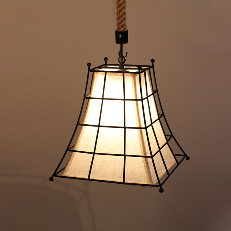 Wire Frame Flared Hanging Lamp with Fabric Shade 1 Light Rustic Suspension Light in Black Clearhalo 'Art Deco Pendants' 'Cast Iron' 'Ceiling Lights' 'Ceramic' 'Crystal' 'Industrial Pendants' 'Industrial' 'Metal' 'Middle Century Pendants' 'Pendant Lights' 'Pendants' 'Tiffany' Lighting' 258980