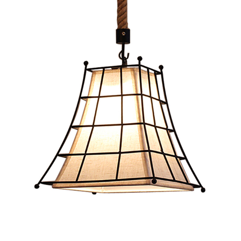 Wire Frame Flared Hanging Lamp with Fabric Shade 1 Light Rustic Suspension Light in Black Clearhalo 'Art Deco Pendants' 'Cast Iron' 'Ceiling Lights' 'Ceramic' 'Crystal' 'Industrial Pendants' 'Industrial' 'Metal' 'Middle Century Pendants' 'Pendant Lights' 'Pendants' 'Tiffany' Lighting' 258981
