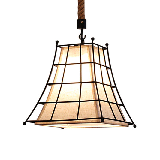 Wire Frame Flared Hanging Lamp with Fabric Shade 1 Light Rustic Suspension Light in Black Clearhalo 'Art Deco Pendants' 'Cast Iron' 'Ceiling Lights' 'Ceramic' 'Crystal' 'Industrial Pendants' 'Industrial' 'Metal' 'Middle Century Pendants' 'Pendant Lights' 'Pendants' 'Tiffany' Lighting' 258981