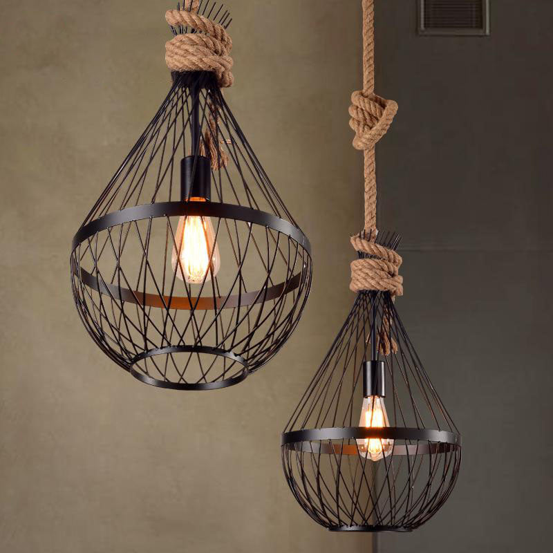 1 Light Teardrop Suspension Light Metal Wire Frame Country Style Hanging Lamp in Black with 39" Rope Clearhalo 'Art Deco Pendants' 'Black' 'Cast Iron' 'Ceiling Lights' 'Ceramic' 'Crystal' 'Industrial Pendants' 'Industrial' 'Metal' 'Middle Century Pendants' 'Pendant Lights' 'Pendants' 'Rustic Pendants' 'Tiffany' Lighting' 259022