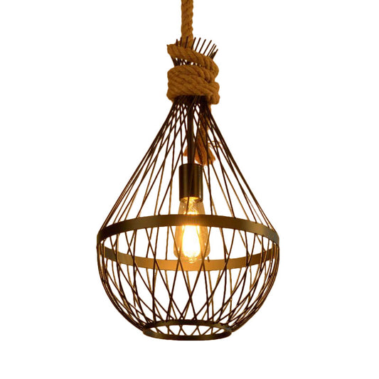 1 Light Teardrop Suspension Light Metal Wire Frame Country Style Hanging Lamp in Black with 39" Rope Clearhalo 'Art Deco Pendants' 'Black' 'Cast Iron' 'Ceiling Lights' 'Ceramic' 'Crystal' 'Industrial Pendants' 'Industrial' 'Metal' 'Middle Century Pendants' 'Pendant Lights' 'Pendants' 'Rustic Pendants' 'Tiffany' Lighting' 259023