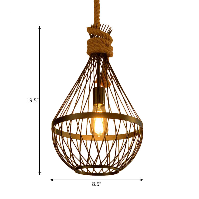 1 Light Teardrop Suspension Light Metal Wire Frame Country Style Hanging Lamp in Black with 39" Rope Clearhalo 'Art Deco Pendants' 'Black' 'Cast Iron' 'Ceiling Lights' 'Ceramic' 'Crystal' 'Industrial Pendants' 'Industrial' 'Metal' 'Middle Century Pendants' 'Pendant Lights' 'Pendants' 'Rustic Pendants' 'Tiffany' Lighting' 259024
