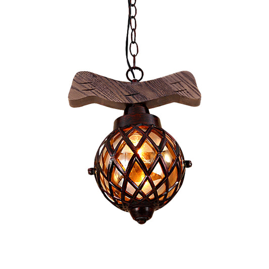 Amber Glass Ball Pendant Lamp with Wooden Base 1 Light Country Ceiling Hanging Light in Copper Clearhalo 'Ceiling Lights' 'Industrial Pendants' 'Industrial' 'Middle Century Pendants' 'Pendant Lights' 'Pendants' 'Tiffany' Lighting' 259030