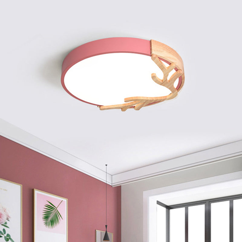 Round Flush Mount Light 1 Light Metal Nordic Flush Mount Spotlight with Antlers Decoration Pink Clearhalo 'Ceiling Lights' 'Close To Ceiling Lights' 'Close to ceiling' 'Flush mount' Lighting' 2590549