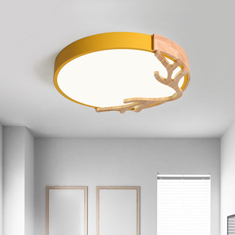 Round Flush Mount Light 1 Light Metal Nordic Flush Mount Spotlight with Antlers Decoration Yellow Clearhalo 'Ceiling Lights' 'Close To Ceiling Lights' 'Close to ceiling' 'Flush mount' Lighting' 2590555