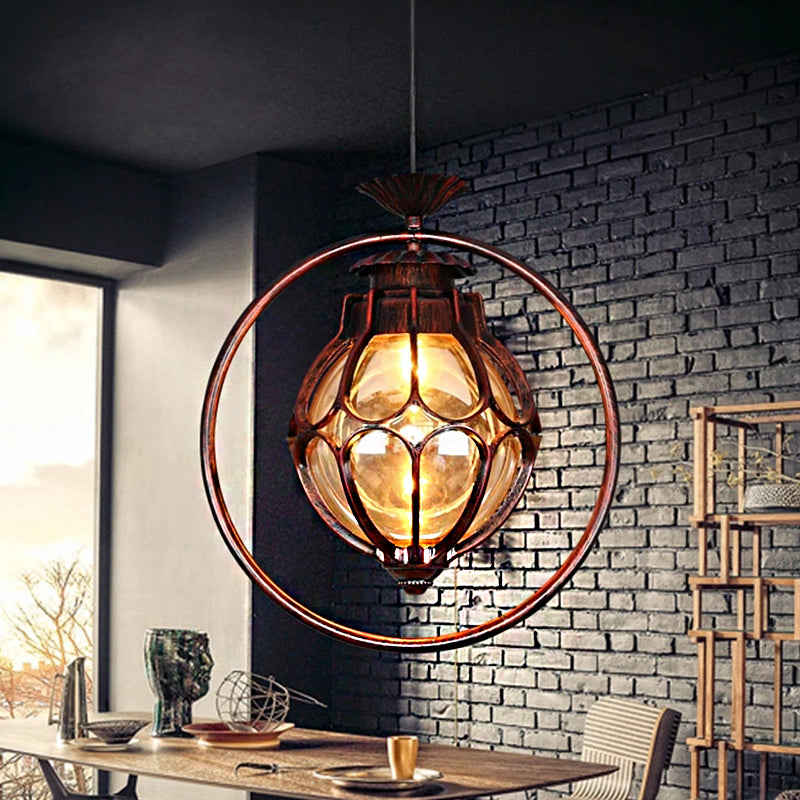 Industrial Global/Ring Hanging Light Cognac Glass Shade Kitchen Pendant Lighting in Copper with 23.5" Adjustable Chain Clearhalo 'Art Deco Pendants' 'Cast Iron' 'Ceiling Lights' 'Ceramic' 'Crystal' 'Industrial Pendants' 'Industrial' 'Metal' 'Middle Century Pendants' 'Pendant Lights' 'Pendants' 'Tiffany' Lighting' 259061