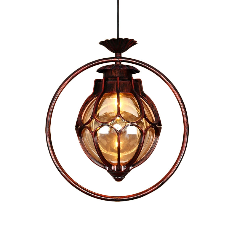 Industrial Global/Ring Hanging Light Cognac Glass Shade Kitchen Pendant Lighting in Copper with 23.5" Adjustable Chain Clearhalo 'Art Deco Pendants' 'Cast Iron' 'Ceiling Lights' 'Ceramic' 'Crystal' 'Industrial Pendants' 'Industrial' 'Metal' 'Middle Century Pendants' 'Pendant Lights' 'Pendants' 'Tiffany' Lighting' 259062