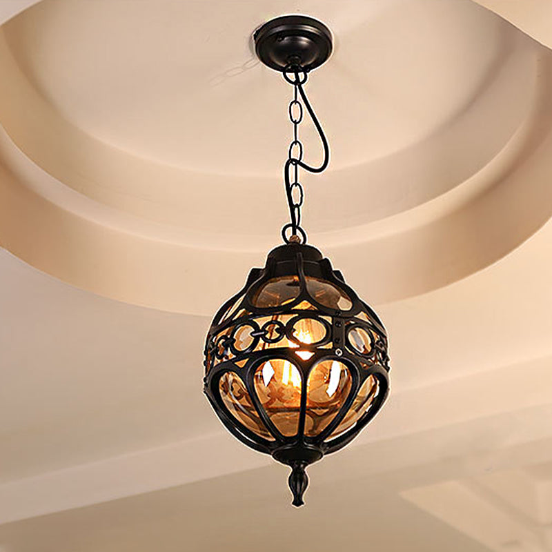 Loft Sphere Ceiling Pendant Light Amber Closed Glass 1 Light 7"/9" W Outdoor Hanging Light for Balcony in Black/Bronze Black Clearhalo 'Art Deco Pendants' 'Black' 'Cast Iron' 'Ceiling Lights' 'Ceramic' 'Crystal' 'Industrial Pendants' 'Industrial' 'Metal' 'Middle Century Pendants' 'Pendant Lights' 'Pendants' 'Rustic Pendants' 'Tiffany' Lighting' 259077