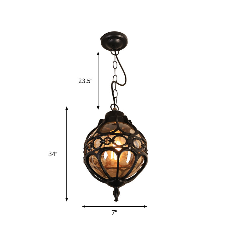 Loft Sphere Ceiling Pendant Light Amber Closed Glass 1 Light 7"/9" W Outdoor Hanging Light for Balcony in Black/Bronze Clearhalo 'Art Deco Pendants' 'Black' 'Cast Iron' 'Ceiling Lights' 'Ceramic' 'Crystal' 'Industrial Pendants' 'Industrial' 'Metal' 'Middle Century Pendants' 'Pendant Lights' 'Pendants' 'Rustic Pendants' 'Tiffany' Lighting' 259080
