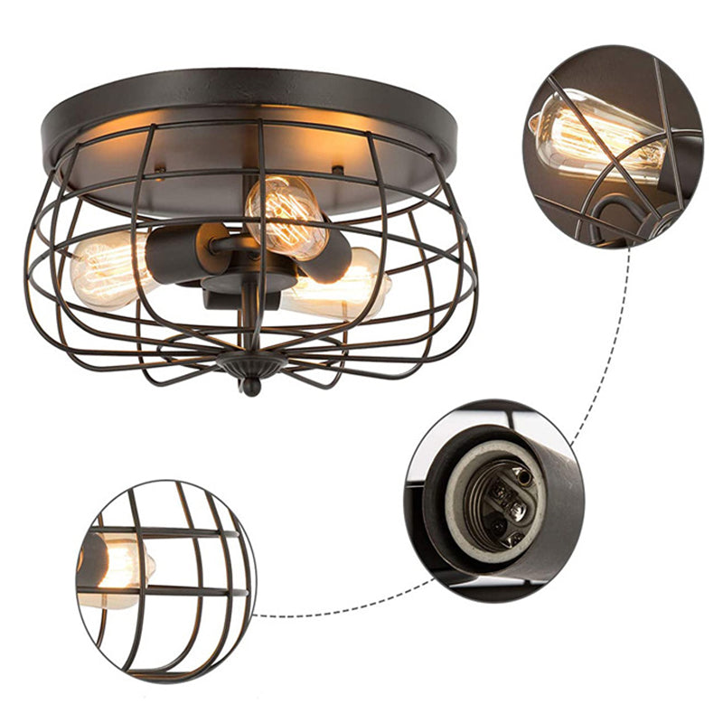 Cage Drum Flush Mount Lighting Retro Simple Industrial Style Metal Ceiling Light Fixture for Hallway Clearhalo 'Ceiling Lights' 'Close To Ceiling Lights' 'Close to ceiling' 'Flush mount' 'Industrial Flush Mount' Lighting' 2590812