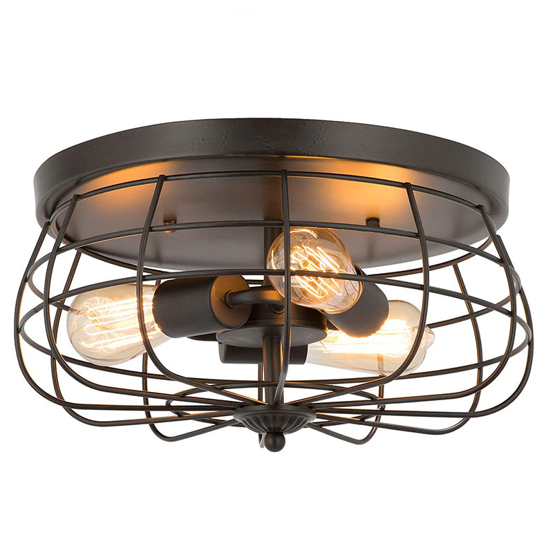 Cage Drum Flush Mount Lighting Retro Simple Industrial Style Metal Ceiling Light Fixture for Hallway Bronze Clearhalo 'Ceiling Lights' 'Close To Ceiling Lights' 'Close to ceiling' 'Flush mount' 'Industrial Flush Mount' Lighting' 2590815