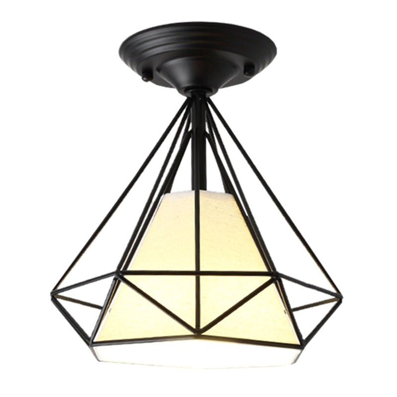 Diamond Cage Semi Flush Mount Lighting Retro Industrial Style Metal Ceiling Flush Mount Lights for Hallway Clearhalo 'Ceiling Lights' 'Close To Ceiling Lights' 'Close to ceiling' 'Semi-flushmount' Lighting' 2590816