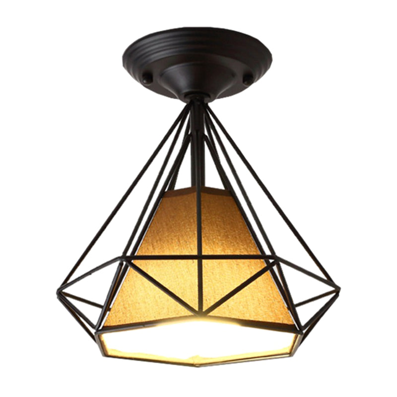 Diamond Cage Semi Flush Mount Lighting Retro Industrial Style Metal Ceiling Flush Mount Lights for Hallway Clearhalo 'Ceiling Lights' 'Close To Ceiling Lights' 'Close to ceiling' 'Semi-flushmount' Lighting' 2590820