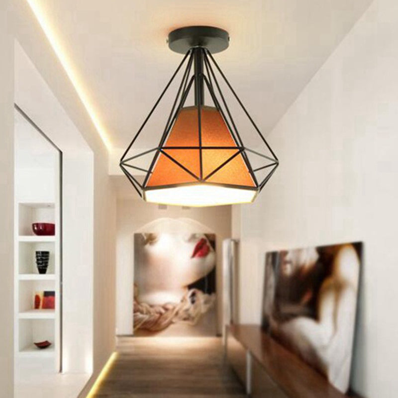 Diamond Cage Semi Flush Mount Lighting Retro Industrial Style Metal Ceiling Flush Mount Lights for Hallway Coffee Clearhalo 'Ceiling Lights' 'Close To Ceiling Lights' 'Close to ceiling' 'Semi-flushmount' Lighting' 2590821