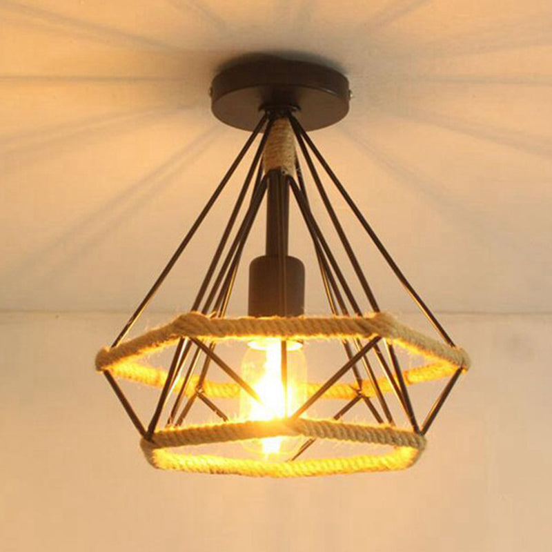 Diamond Cage Semi Flush Mount Lighting Retro Industrial Style Metal Ceiling Flush Mount Lights for Hallway Flaxen Clearhalo 'Ceiling Lights' 'Close To Ceiling Lights' 'Close to ceiling' 'Semi-flushmount' Lighting' 2590822