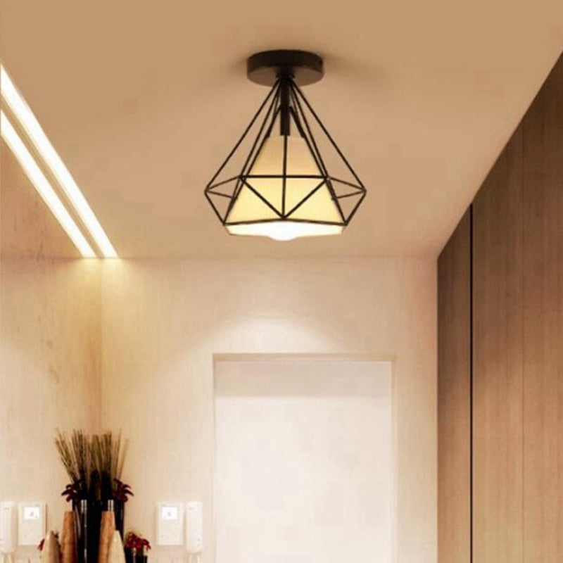 Diamond Cage Semi Flush Mount Lighting Retro Industrial Style Metal Ceiling Flush Mount Lights for Hallway Black-White Clearhalo 'Ceiling Lights' 'Close To Ceiling Lights' 'Close to ceiling' 'Semi-flushmount' Lighting' 2590823