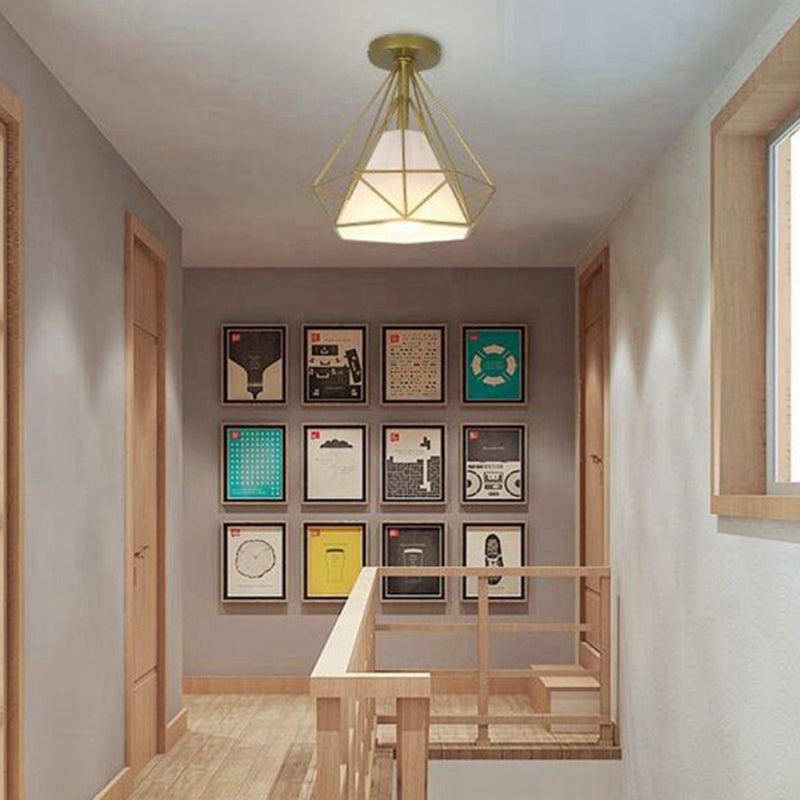 Diamond Cage Semi Flush Mount Lighting Retro Industrial Style Metal Ceiling Flush Mount Lights for Hallway Gold Clearhalo 'Ceiling Lights' 'Close To Ceiling Lights' 'Close to ceiling' 'Semi-flushmount' Lighting' 2590824