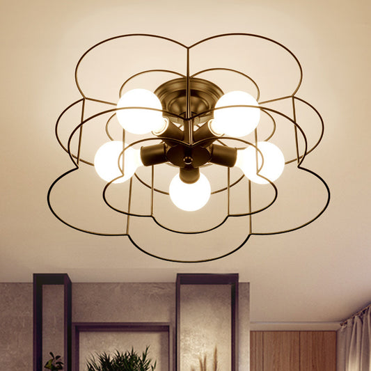 Flower Semi Flush Light Fixtures Retro Industrial Style Metal Ceiling Mounted Light for Bedroom Black Clearhalo 'Ceiling Lights' 'Close To Ceiling Lights' 'Close to ceiling' 'Semi-flushmount' Lighting' 2590826