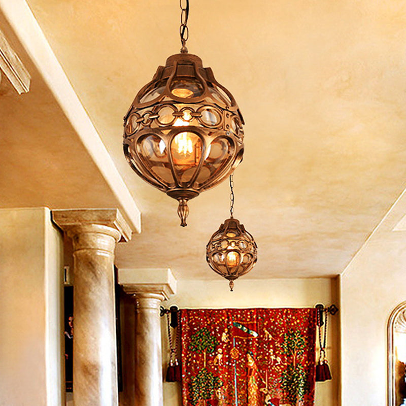 Loft Sphere Ceiling Pendant Light Amber Closed Glass 1 Light 7"/9" W Outdoor Hanging Light for Balcony in Black/Bronze Clearhalo 'Art Deco Pendants' 'Black' 'Cast Iron' 'Ceiling Lights' 'Ceramic' 'Crystal' 'Industrial Pendants' 'Industrial' 'Metal' 'Middle Century Pendants' 'Pendant Lights' 'Pendants' 'Rustic Pendants' 'Tiffany' Lighting' 259083