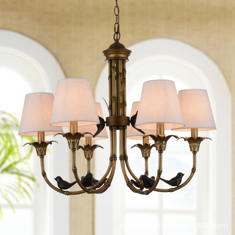 3/6/8 Lights Suspension Pendant Rustic Cone Fabric Hanging Chandelier in White for Living Room 6 White Clearhalo 'Ceiling Lights' 'Chandeliers' Lighting' options 259085_9f5ff1f8-3440-4476-849d-42bf48866b9b