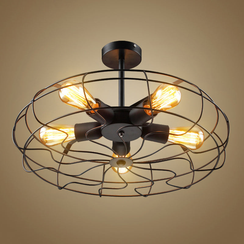 Basket Cage Semi Flush Light Fixtures Retro Industrial Style 5 Lights Metal Ceiling Mount Chandelier for Hallway Clearhalo 'Ceiling Lights' 'Close To Ceiling Lights' 'Close to ceiling' 'Semi-flushmount' Lighting' 2590883