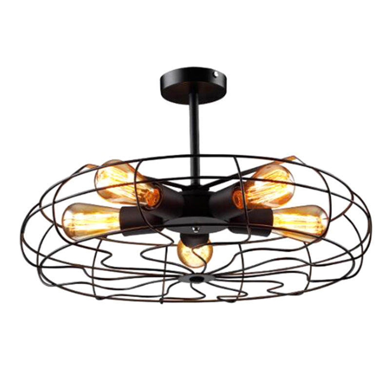 Basket Cage Semi Flush Light Fixtures Retro Industrial Style 5 Lights Metal Ceiling Mount Chandelier for Hallway Clearhalo 'Ceiling Lights' 'Close To Ceiling Lights' 'Close to ceiling' 'Semi-flushmount' Lighting' 2590884