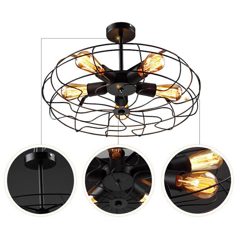 Basket Cage Semi Flush Light Fixtures Retro Industrial Style 5 Lights Metal Ceiling Mount Chandelier for Hallway Clearhalo 'Ceiling Lights' 'Close To Ceiling Lights' 'Close to ceiling' 'Semi-flushmount' Lighting' 2590885
