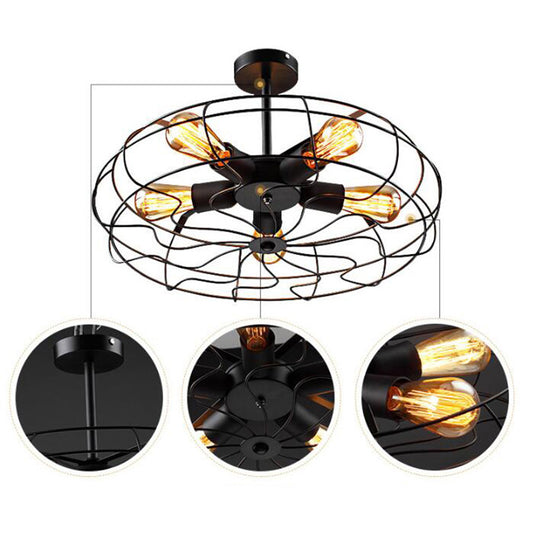 Basket Cage Semi Flush Light Fixtures Retro Industrial Style 5 Lights Metal Ceiling Mount Chandelier for Hallway - Clearhalo - 'Ceiling Lights' - 'Close To Ceiling Lights' - 'Close to ceiling' - 'Semi-flushmount' - Lighting' - 2590885