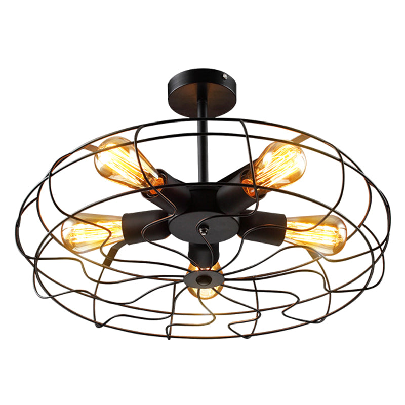 Basket Cage Semi Flush Light Fixtures Retro Industrial Style 5 Lights Metal Ceiling Mount Chandelier for Hallway Black Clearhalo 'Ceiling Lights' 'Close To Ceiling Lights' 'Close to ceiling' 'Semi-flushmount' Lighting' 2590887